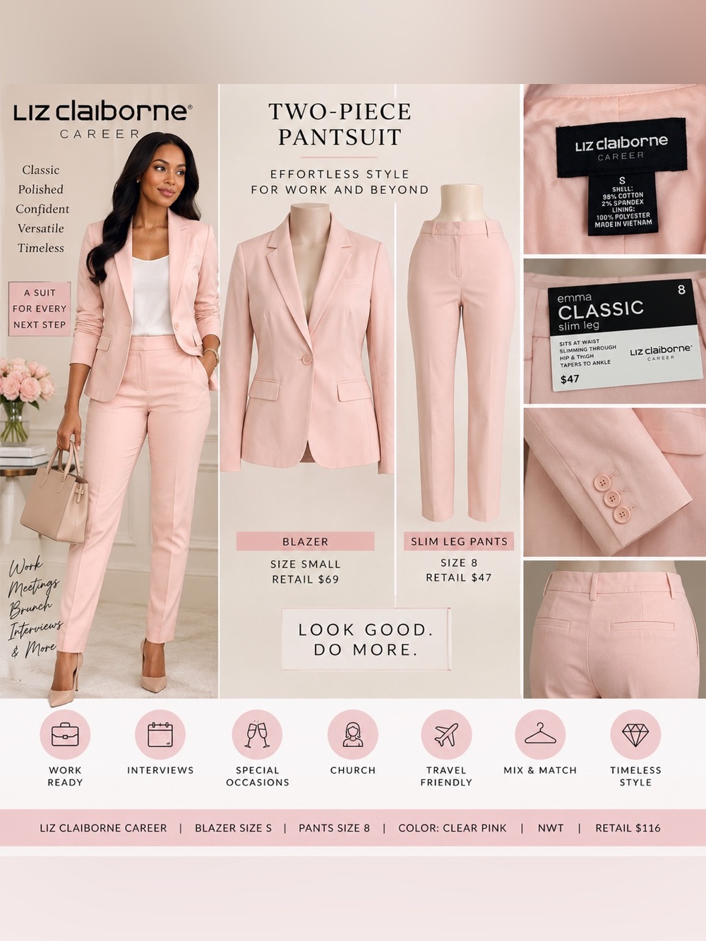 Liz Claiborne Clear Pink Two-Piece Pantsuit — Slim Leg Blazer Set